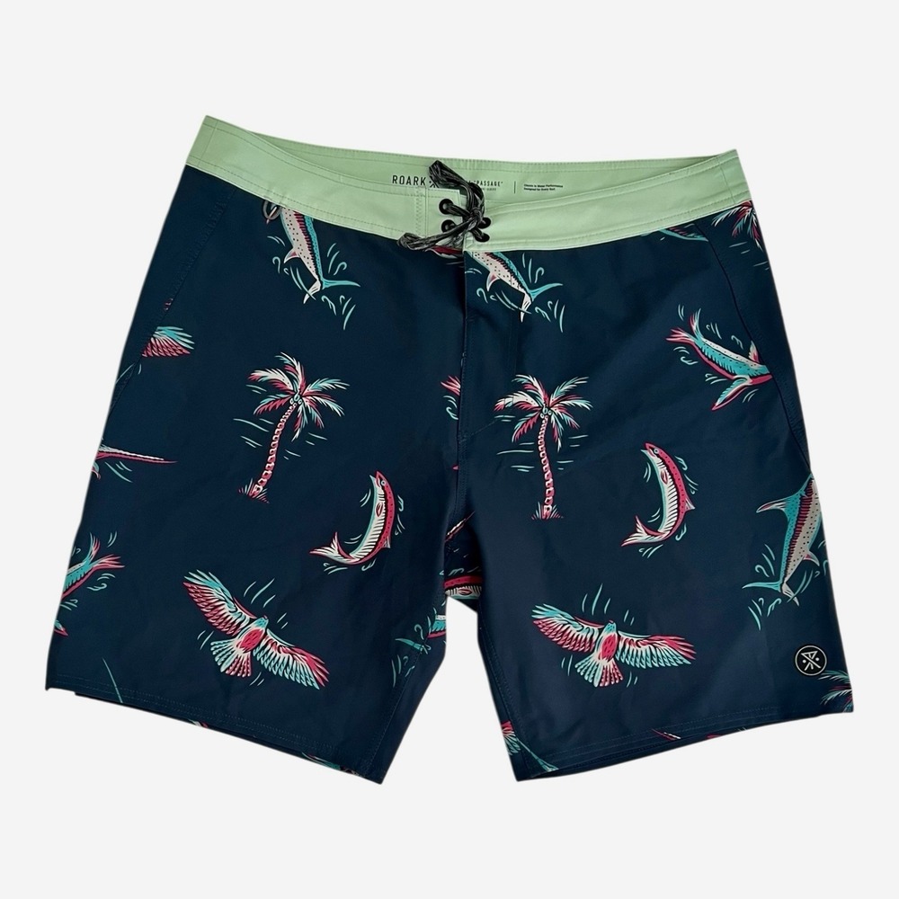 Roark Revival Swim Trunks Men's Medium Navy Tropical Fish Palm Tree Board Shorts